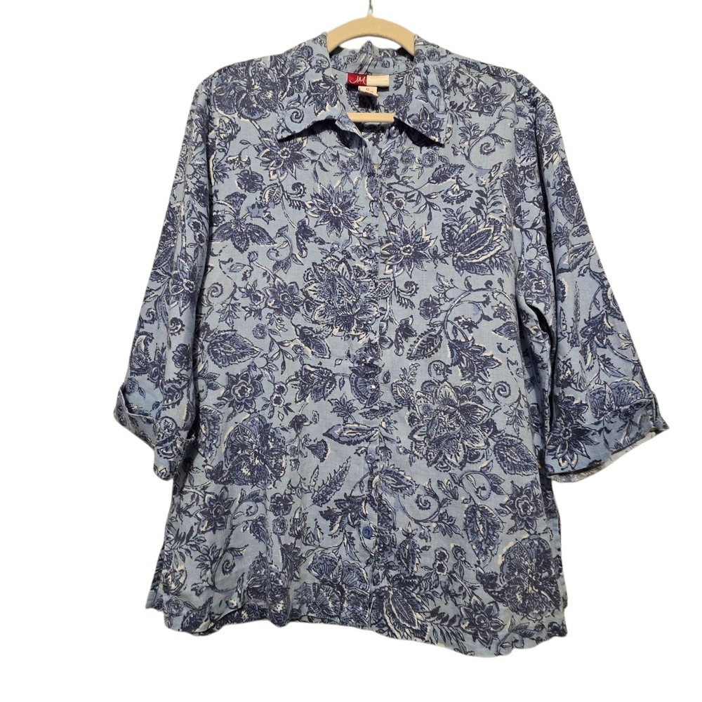 Vtg JM Collection Linen Floral Blouse Shirt Womens 12 Button Blue S/S Cottage